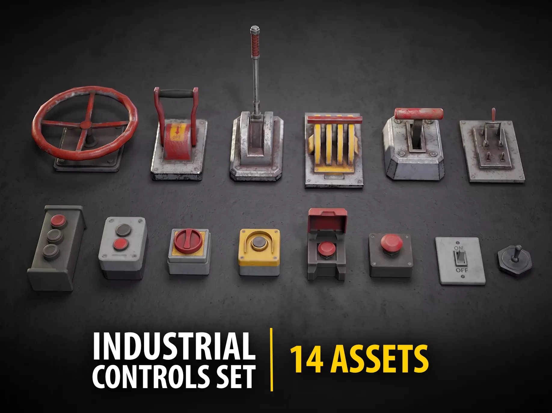 Industrial Control Buttons and Switches Pack - 14 Assets PBR Low-poly 3D model