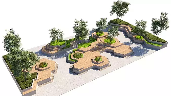 Hexagonal Geometric Parklet and Landscape Architecture 3D Model