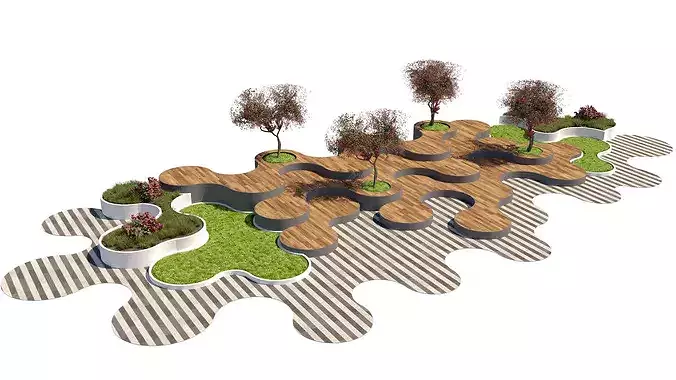 Curvilinear Modular Parklet with Integrated Trees 3D Model