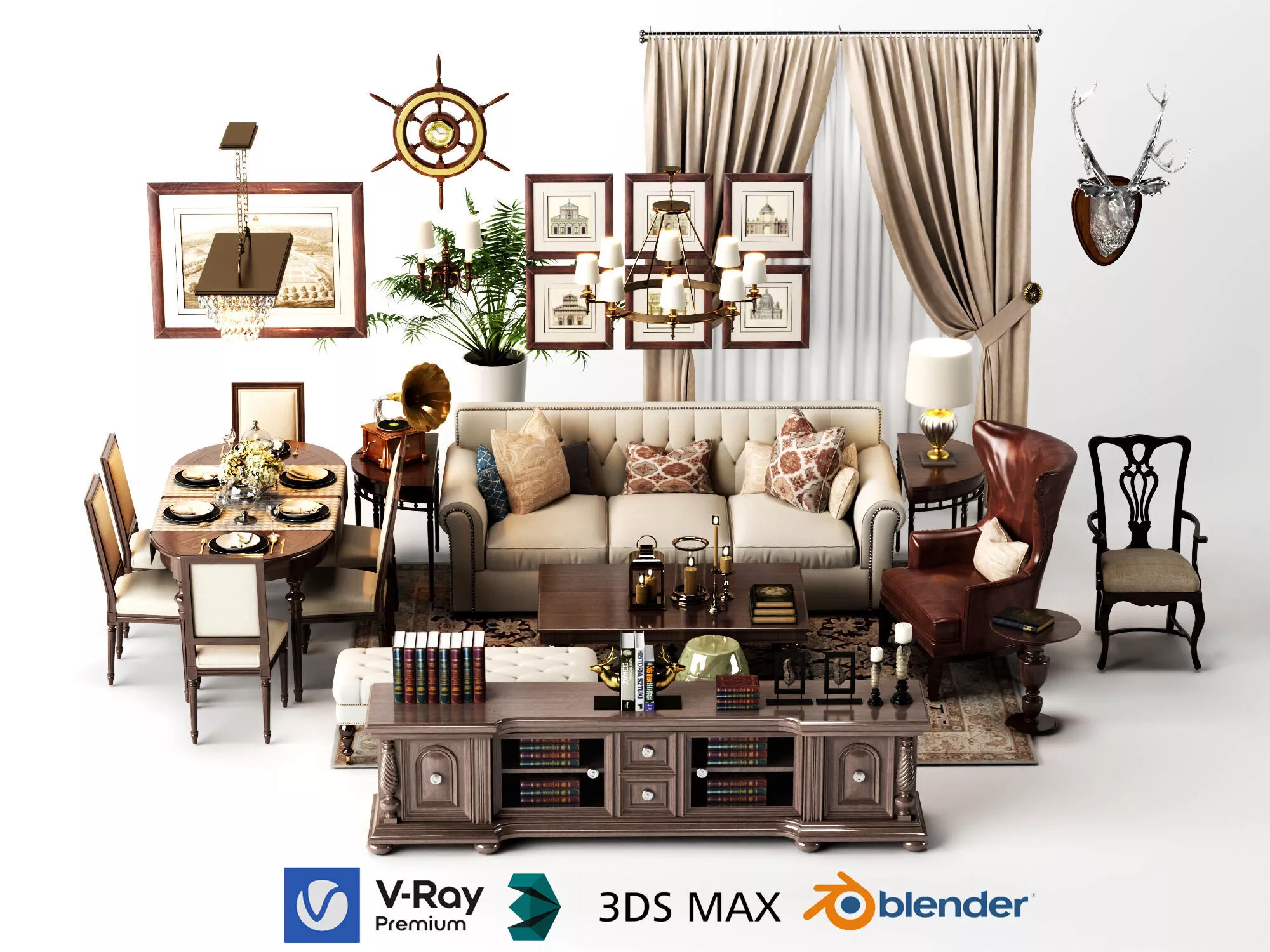 Luxurious Classical Style Living and Dining Room Interior Design Low-poly 3D model