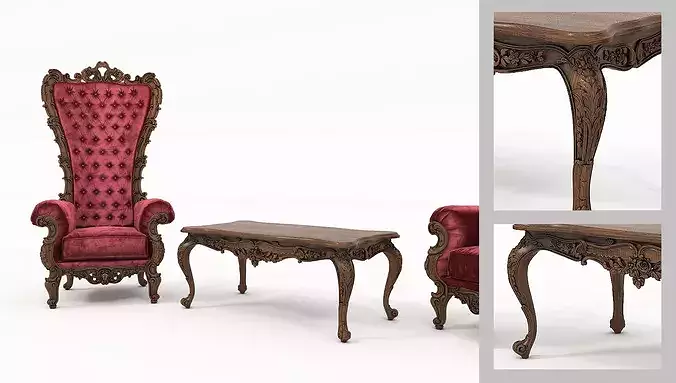 Aristocratic Carved Throne Chairs and Coffee Table Set 3D model 3