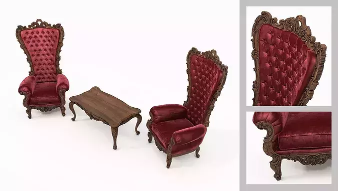 Aristocratic Carved Throne Chairs and Coffee Table Set 3D model 2