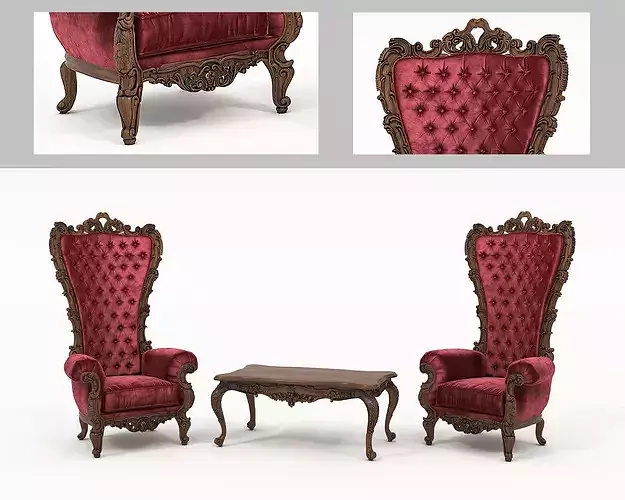 Aristocratic Carved Throne Chairs and Coffee Table Set 3D model