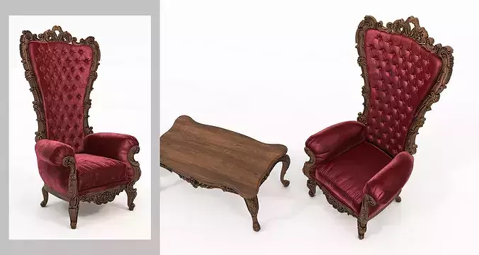 Aristocratic Carved Throne Chairs and Coffee Table Set 3D model 5