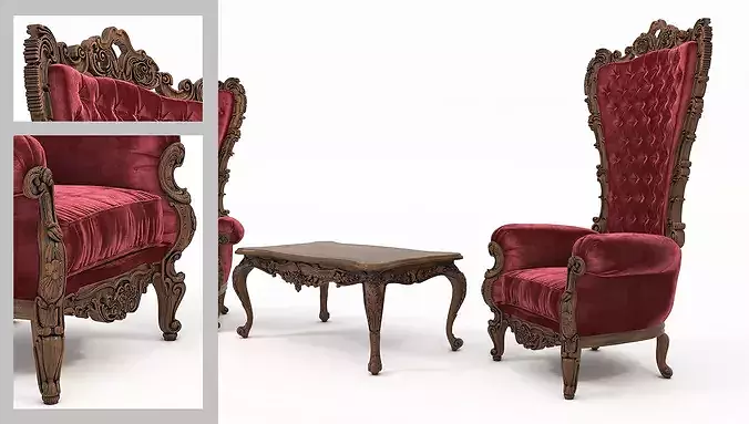 Aristocratic Carved Throne Chairs and Coffee Table Set 3D model 4