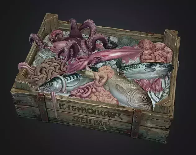 Fish and guts Box - Fresh Fish in Old Wooden Crate