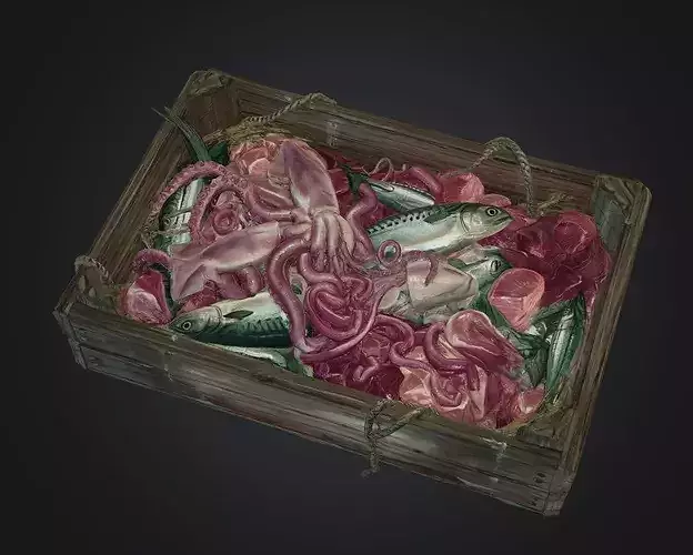 Fish and guts Box - Fresh Fish in Old Wooden Crate