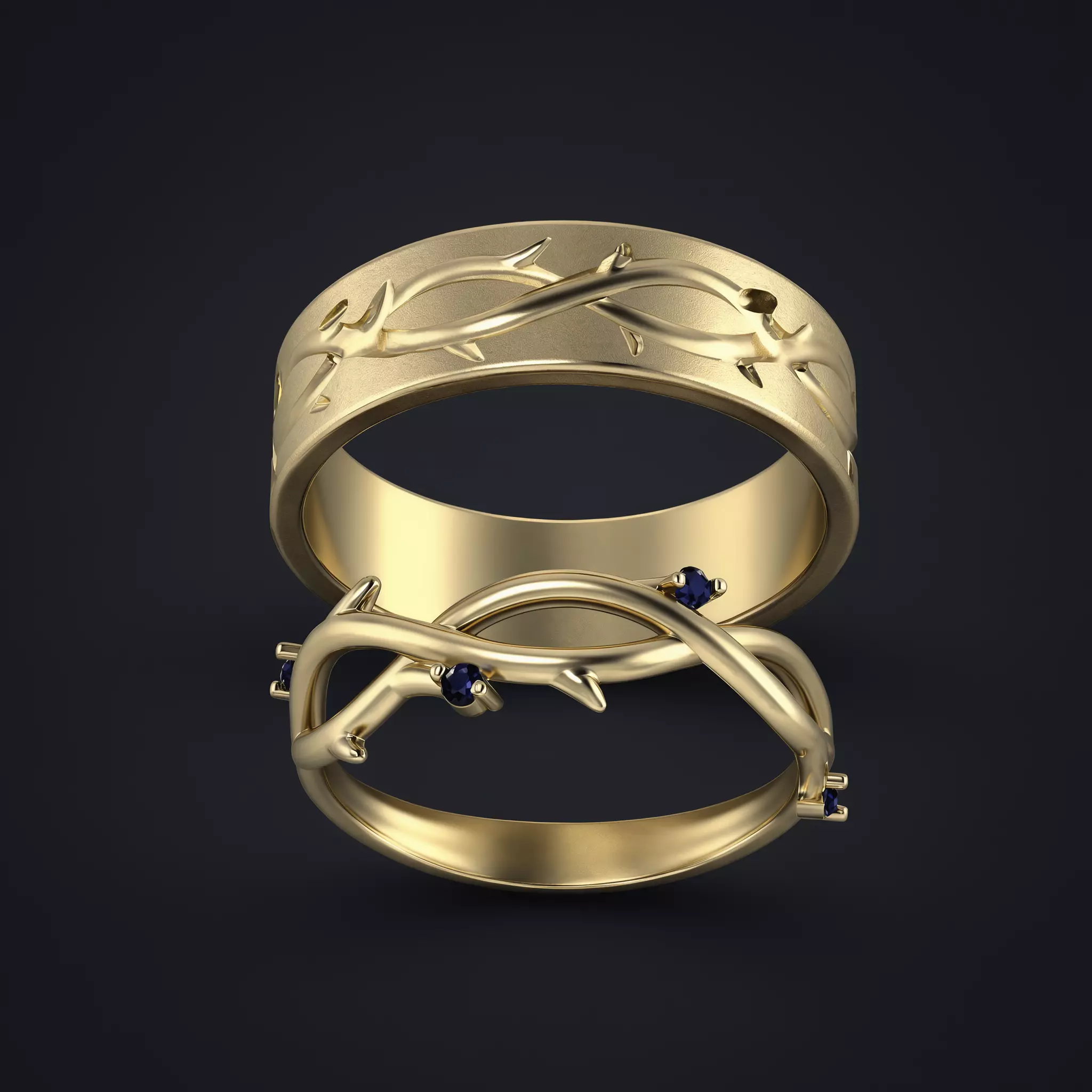Wedding rings in the shape of rose thorns made on a CNC machine 3D print model
