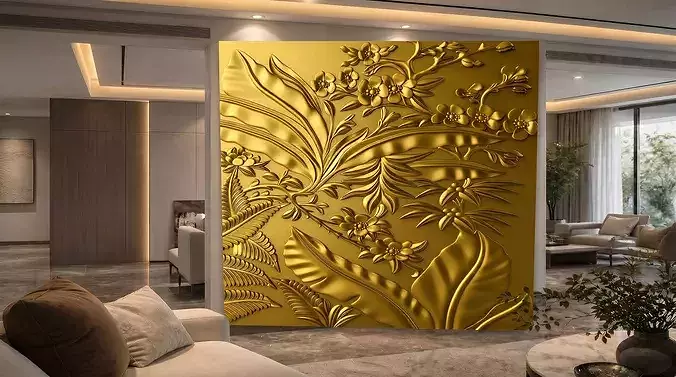 Luxury Tropical Leaves 3D Relief Wall Panel for CNC ArtCAM