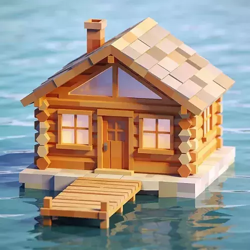 Low-Poly Floating Log Cabin 3D Model