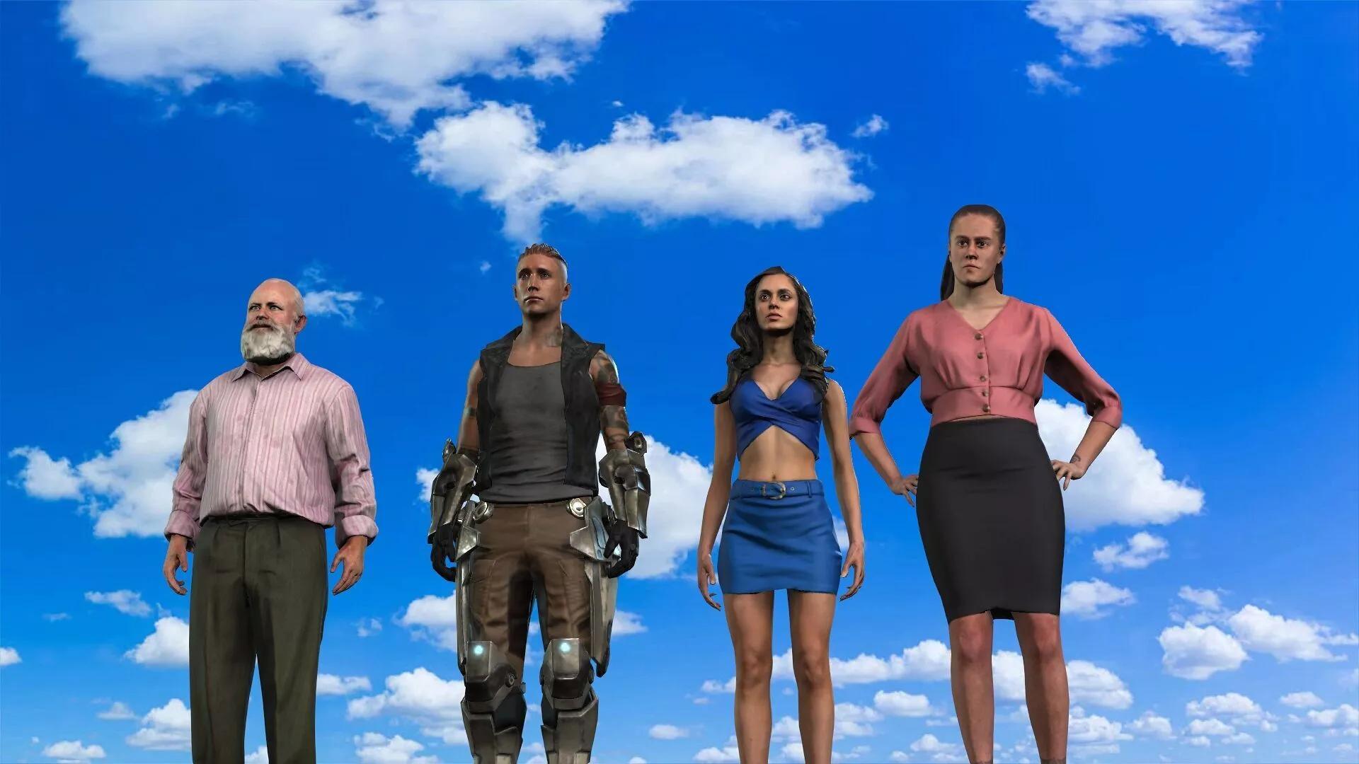 Four Unique Characters Standing Under a Bright Blue Sky Low-poly 3D model