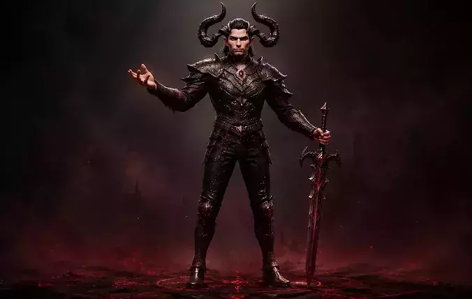 Male Demon Warrior Character With Sword - Game Ready