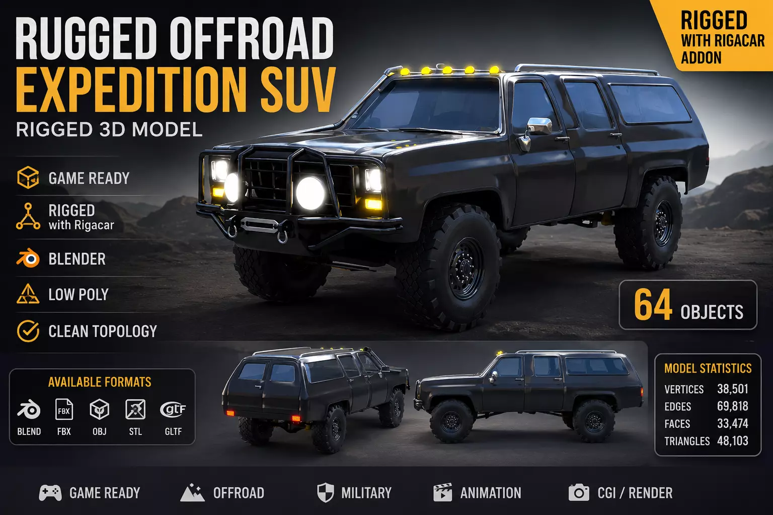 Rugged Offroad Expedition SUV Rigged Vehicle 3D Model Low-poly 3D model