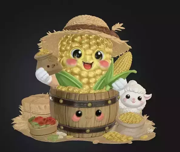 Cute Kawaii Corn Farmer Game Ready PBR Asset 3D model 5