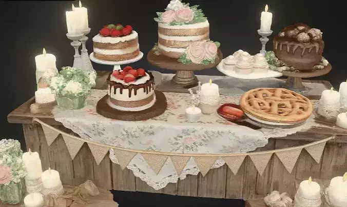 Cute Rustic Dessert Table Set   Game Ready PBR  3D model 2