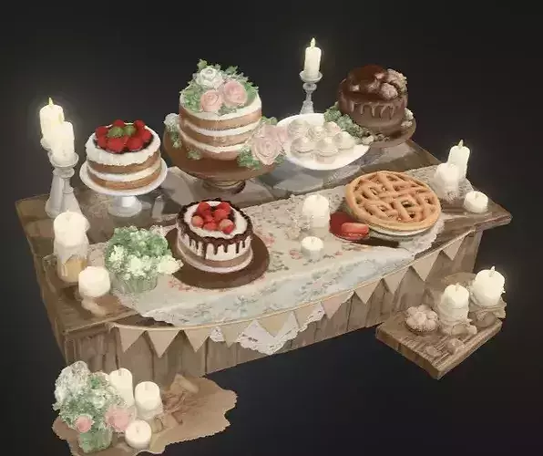 Cute Rustic Dessert Table Set   Game Ready PBR  3D model 5