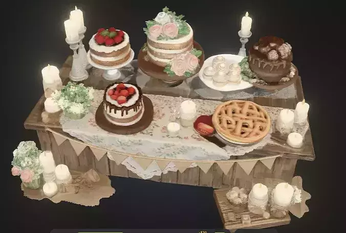 Cute Rustic Dessert Table Set   Game Ready PBR  3D model 3
