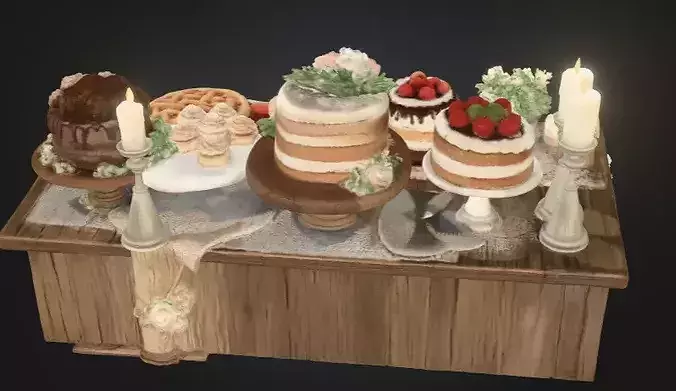 Cute Rustic Dessert Table Set   Game Ready PBR  3D model 4