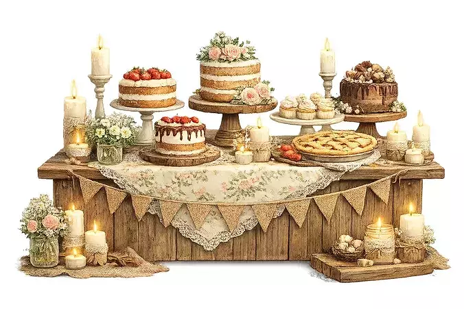 Cute Rustic Dessert Table Set Game Ready PBR 3D model