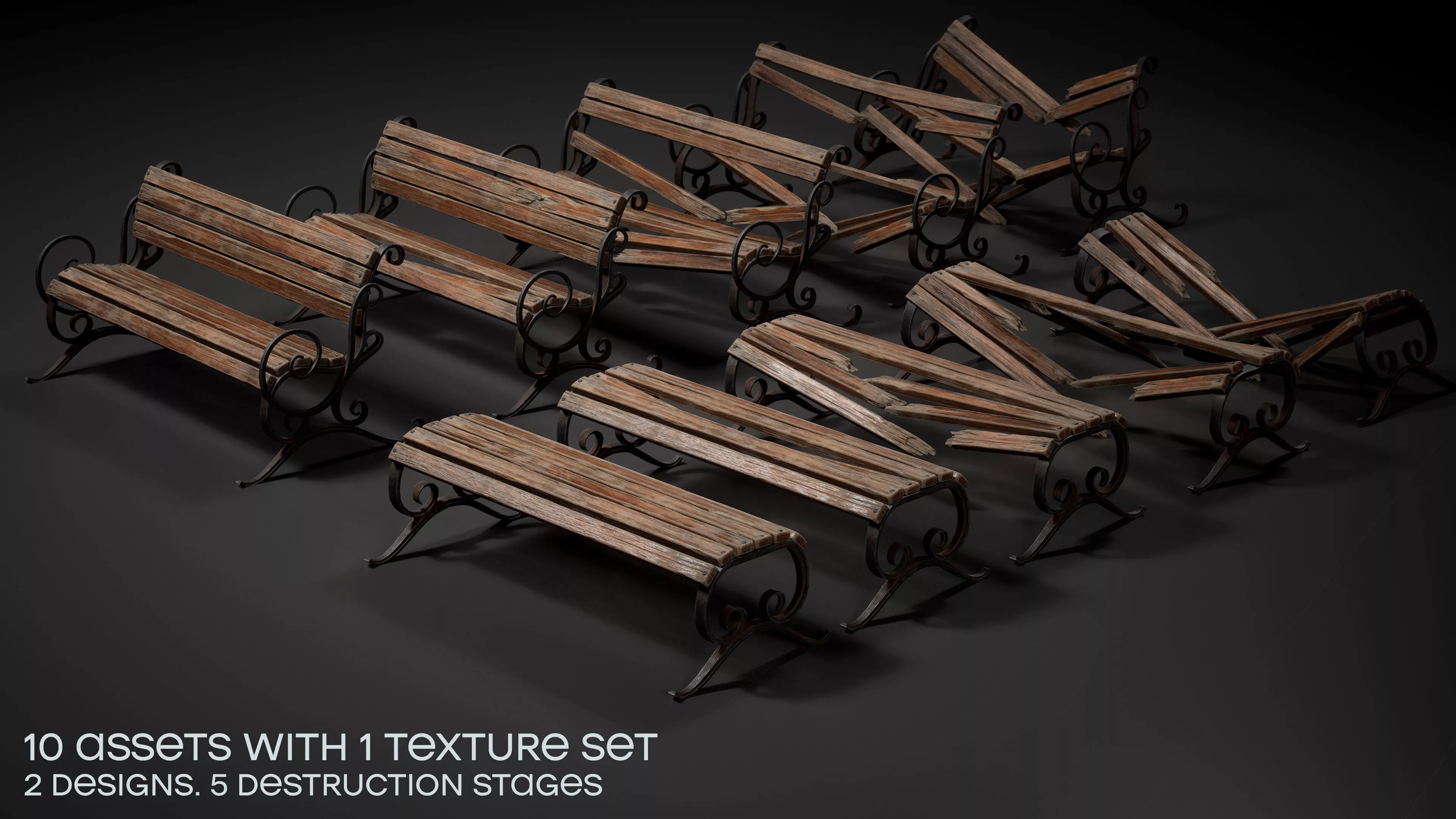 Abandoned Park Benches Bundle - 5 Stages of Decay Low-poly 3D model