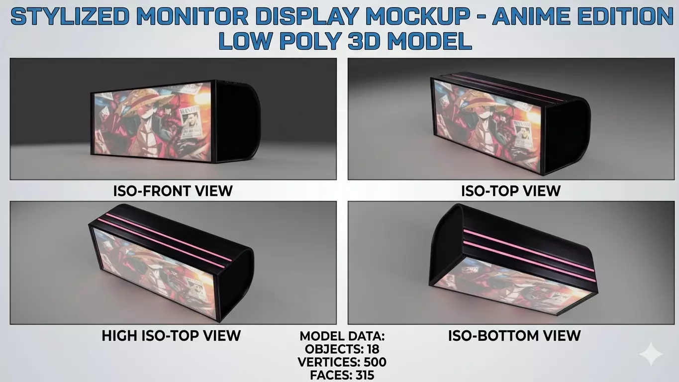 Stylized Monitor Display Mockup Anime Edition Low Poly 3D Model Low-poly 3D model