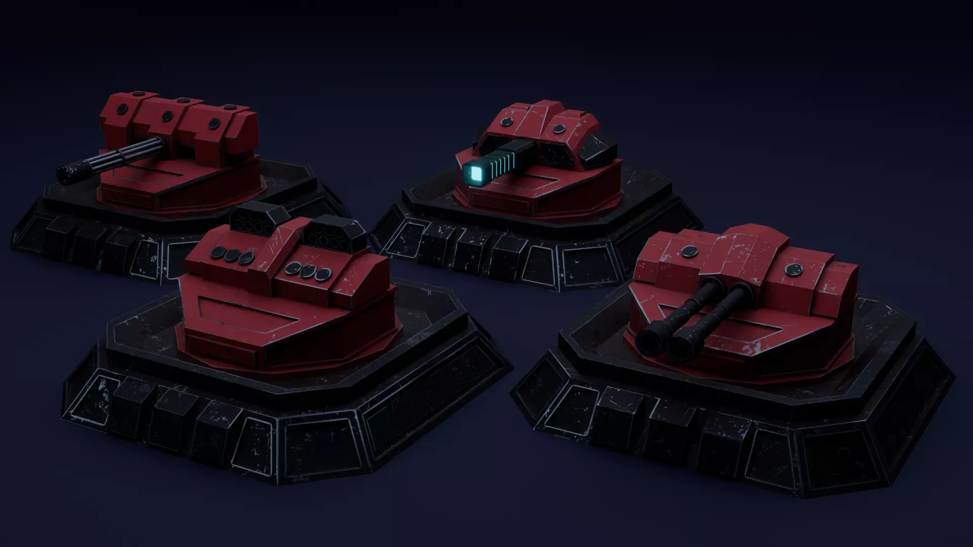Sci-Fi Gun Turret Set x4 - Game Ready PBR Low Poly Low-poly 3D model