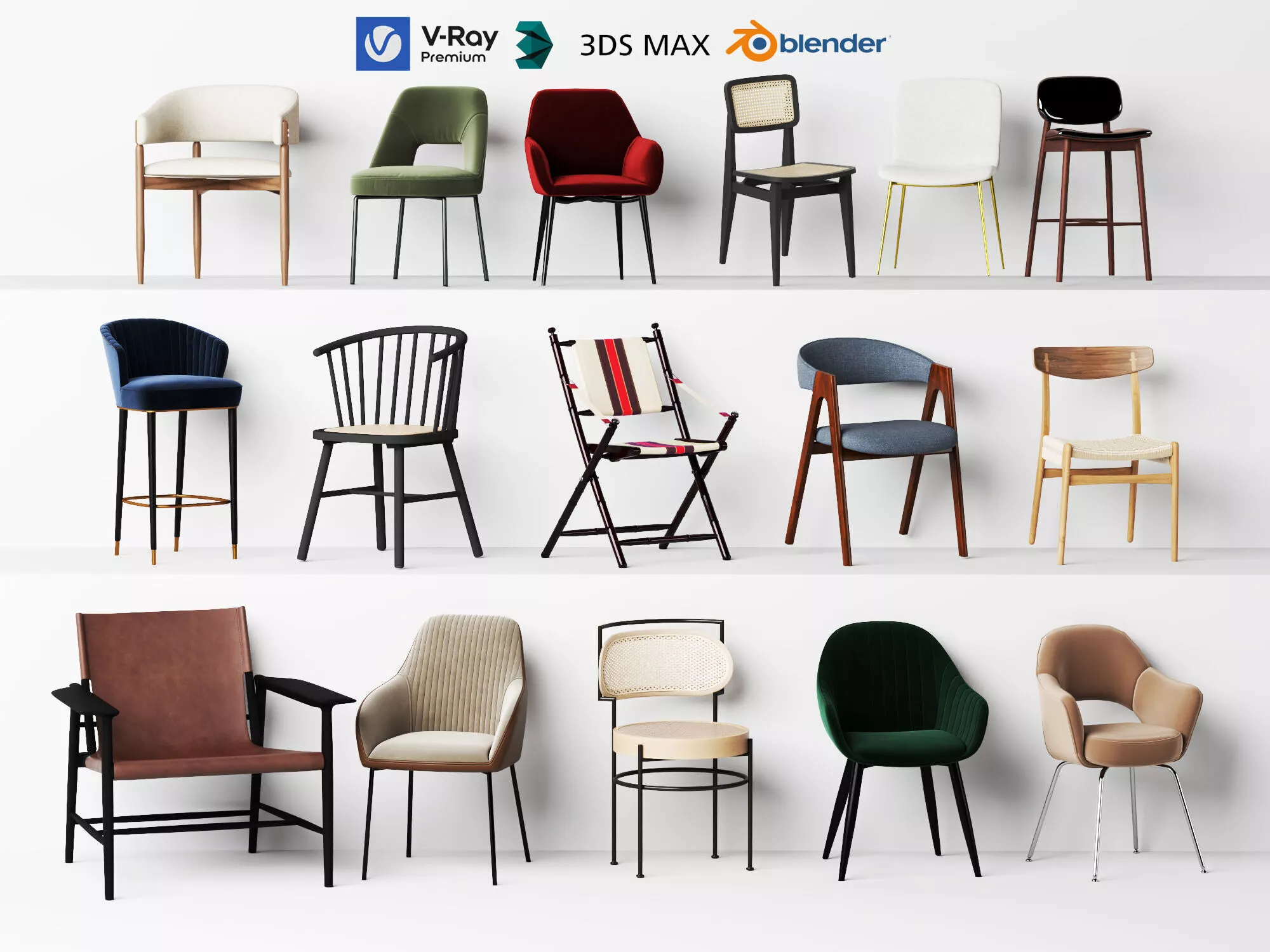 Modern Nordic Dining Chairs Lounge Armstools Set 3D model