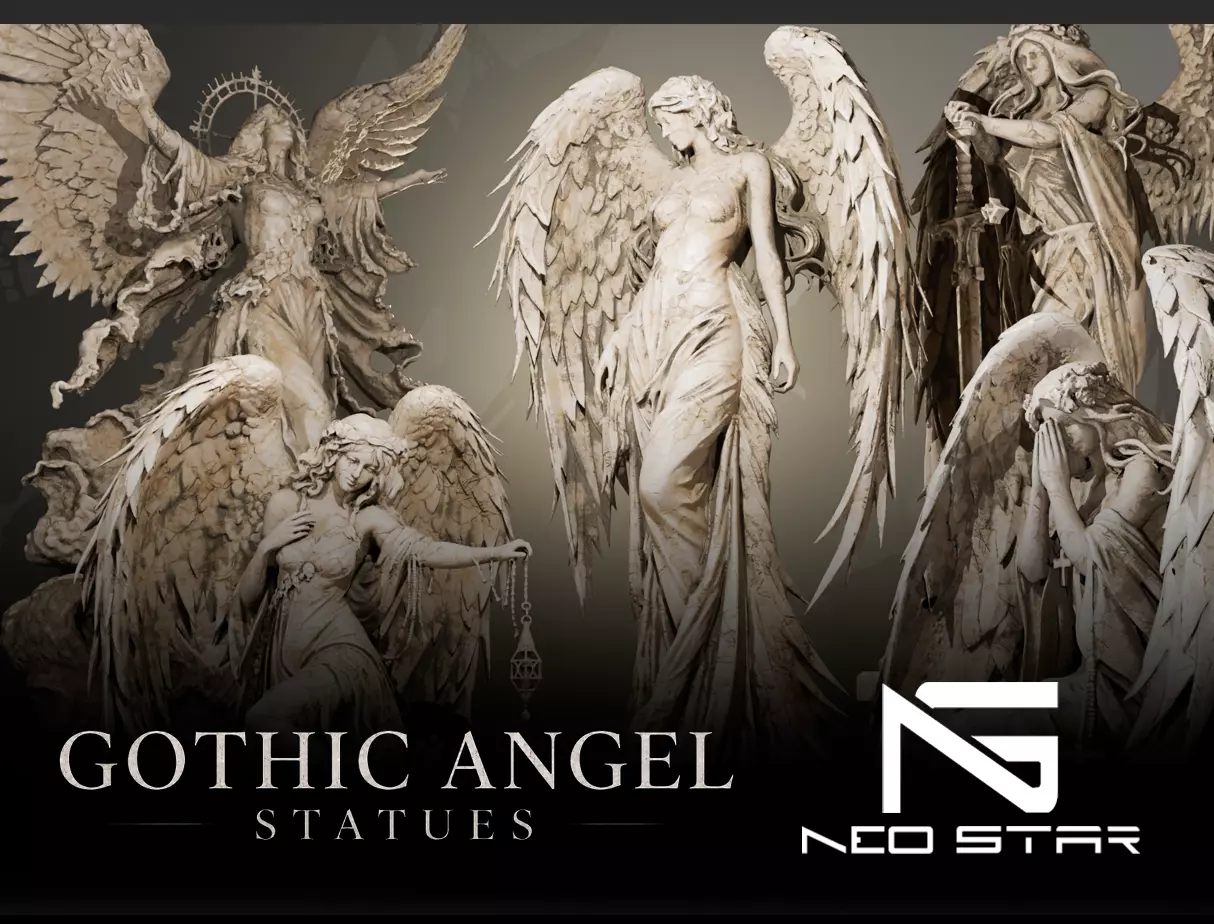 Gothic Angel Statues Full Pack Low-poly 3D model