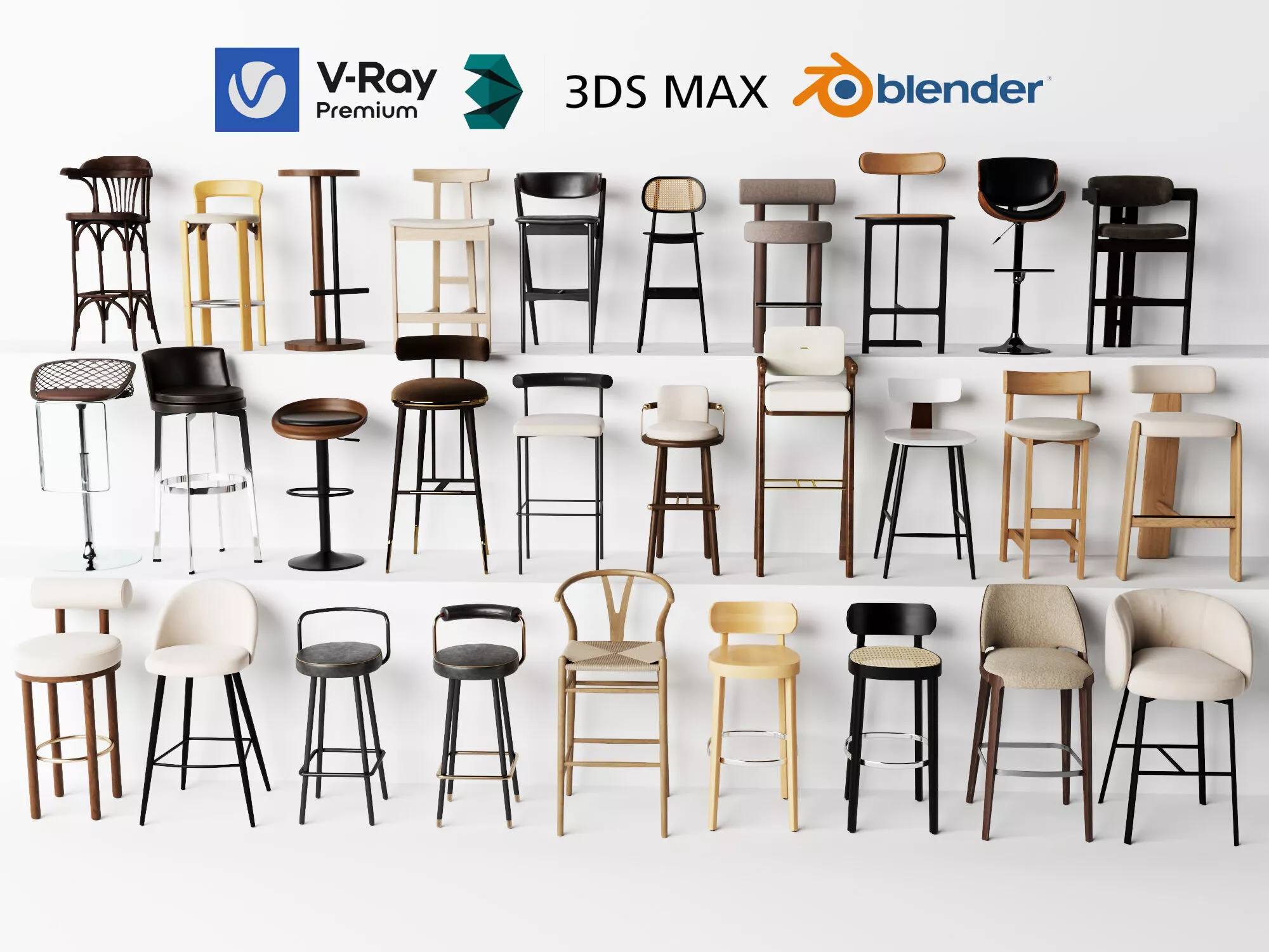 Modern bar stools and dining chairs Low-poly 3D model