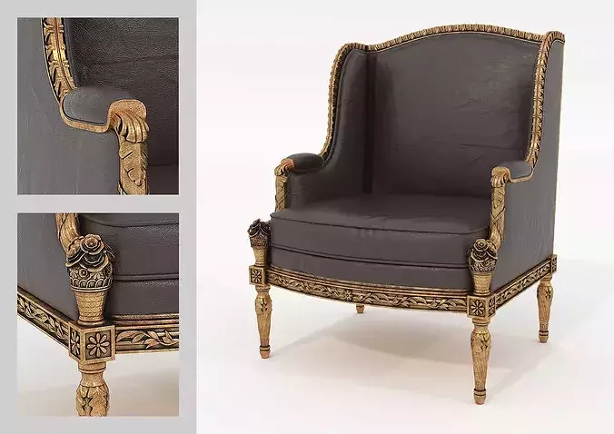 Antique Baroque Leather Armchair and Side Table 2 3D model 7