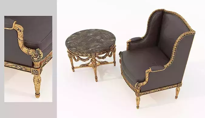 Antique Baroque Leather Armchair and Side Table 2 3D model 2