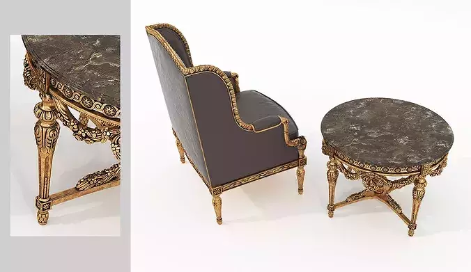 Antique Baroque Leather Armchair and Side Table 2 3D model 3