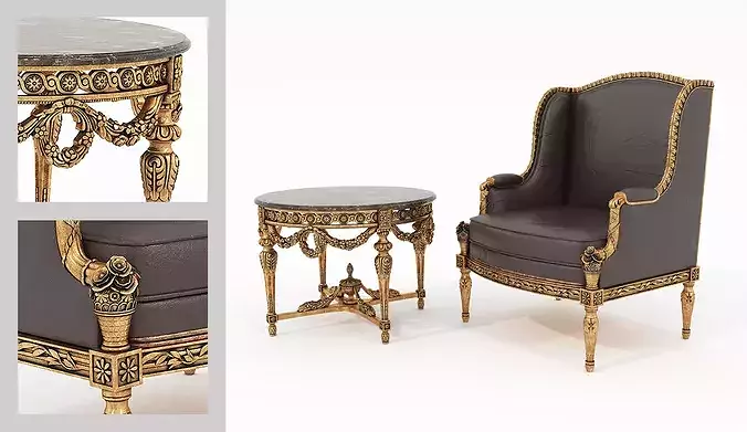 Antique Baroque Leather Armchair and Side Table 2 3D model