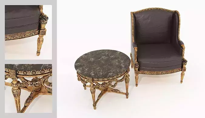 Antique Baroque Leather Armchair and Side Table 2 3D model 4
