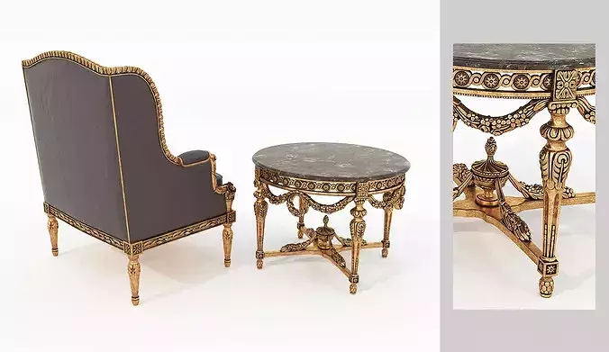 Antique Baroque Leather Armchair and Side Table 2 3D model 6