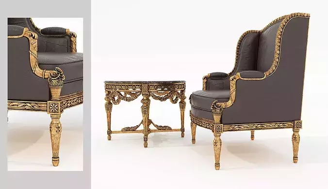 Antique Baroque Leather Armchair and Side Table 2 3D model 5