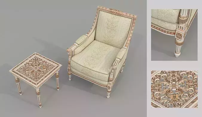 Luxury Classical Armchair and Side Table Set 5 3D model 2