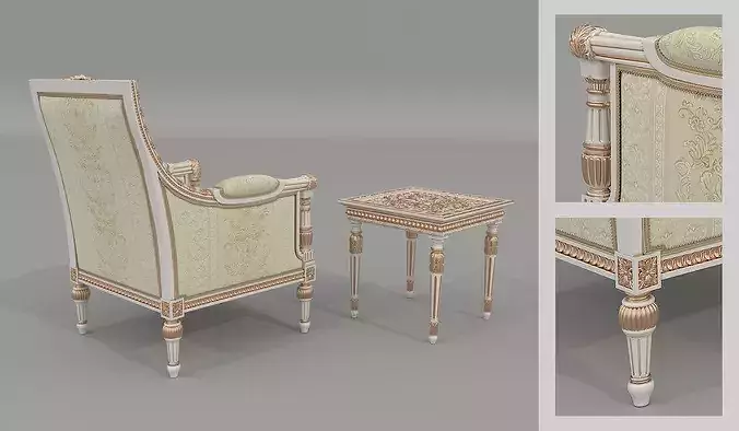 Luxury Classical Armchair and Side Table Set 5 3D model 4