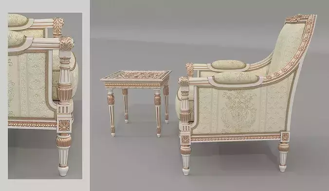 Luxury Classical Armchair and Side Table Set 5 3D model 3