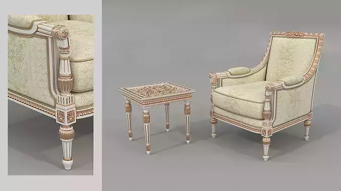 Luxury Classical Armchair and Side Table Set 5 3D model