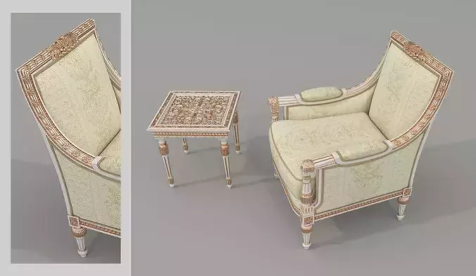 Luxury Classical Armchair and Side Table Set 5 3D model 5