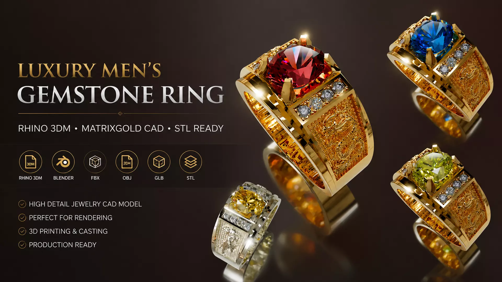 Luxury Diamond Mens Ring 3D Print Model Gold Jewelry CAD STL 3D print model