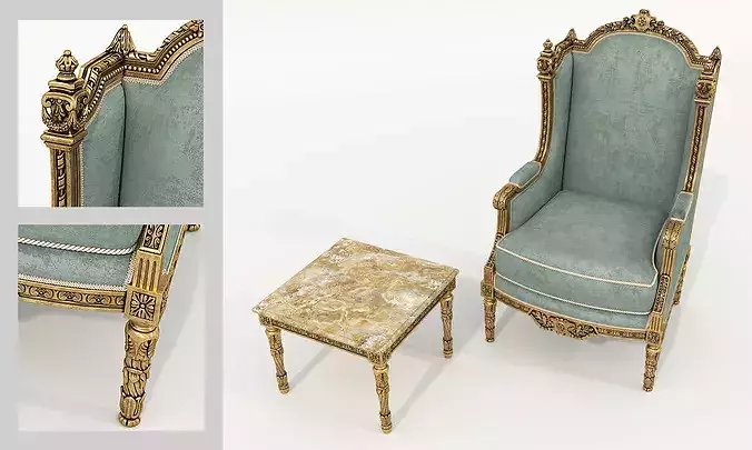 Royal Baroque Lounge Chair and Side Table 4 3D model 4