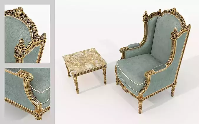 Royal Baroque Lounge Chair and Side Table 4 3D model 2