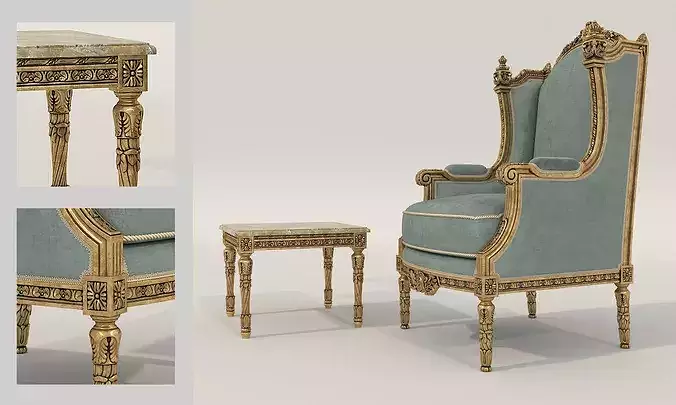 Royal Baroque Lounge Chair and Side Table 4 3D model 5