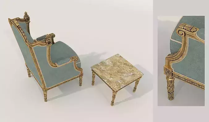 Royal Baroque Lounge Chair and Side Table 4 3D model 3
