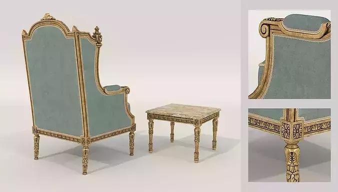 Royal Baroque Lounge Chair and Side Table 4 3D model 6