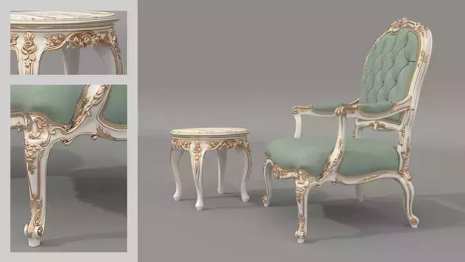 Luxury Classical Armchair and Side Table Set 6 3D model 4