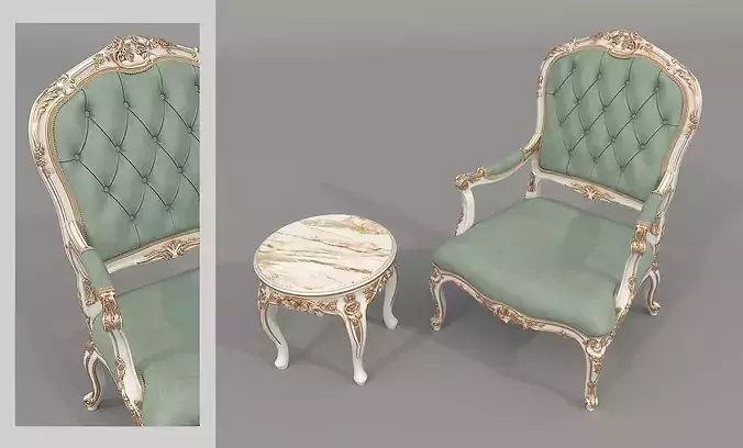 Luxury Classical Armchair and Side Table Set 6 3D model 2