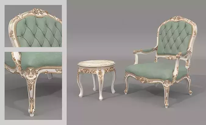 Luxury Classical Armchair and Side Table Set 6 3D model